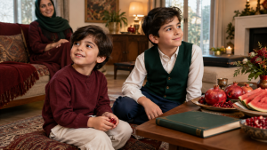 دو پسر با بلوز زرشکی و جلیقه سبز تیره کنار میز انار و هندوانه در دورهمی خانوادگی شب یلدا